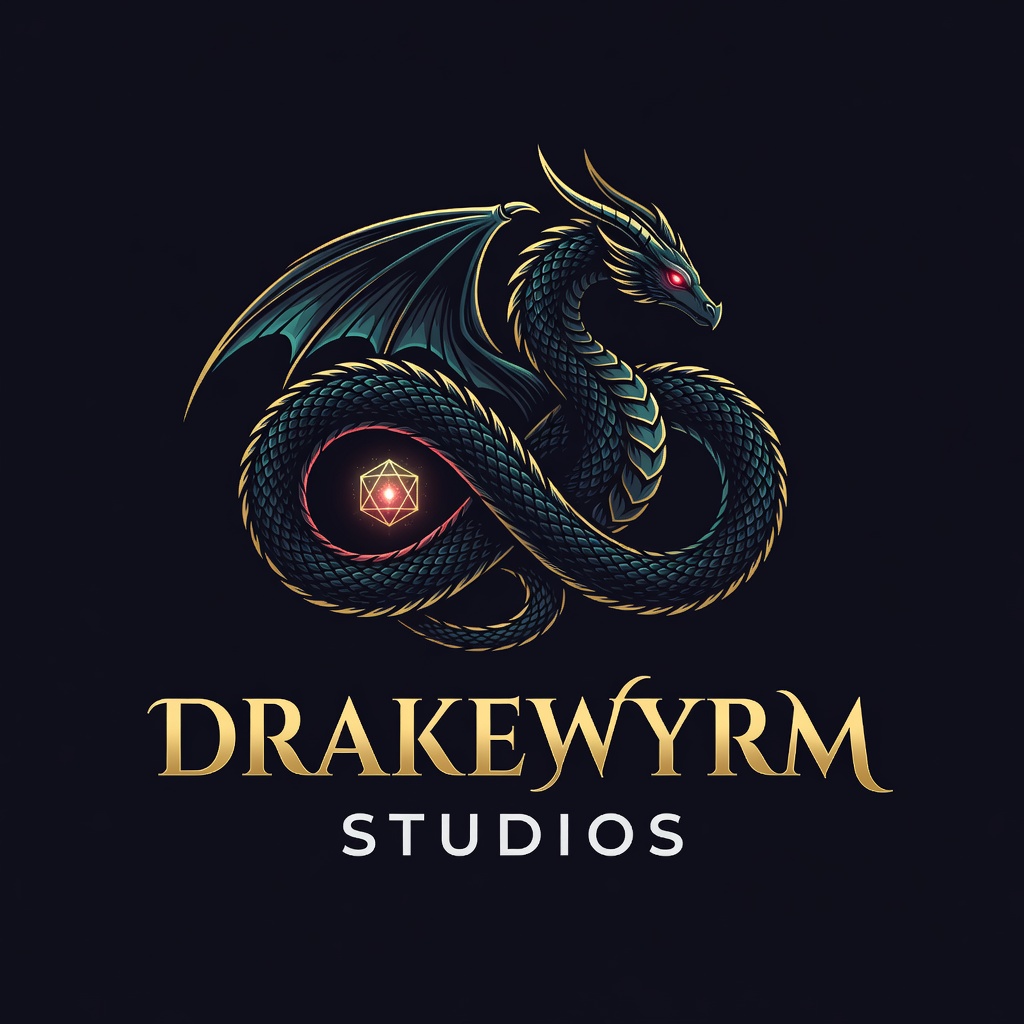 DrakeWyrm Studios logo: a coiled dragon around a glowing d20
